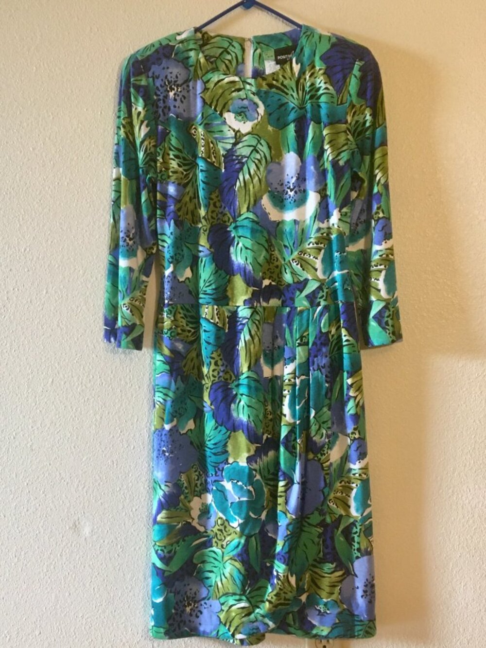 Vintage Colorful Abstract Floral Print Dress Midi Pleated 3/4 Sleeves Size 6 / 8